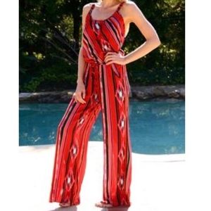 Tysa Sun Goddess Red Tribal Stripe Open Back Wide Leg Romper